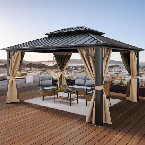 YITAHOME Pavillon Wasserdicht Stabil Hardtop 3 x 3.65m mit Doppeldach,Netz und schattigen Vorhängen, Hardtop Aluminium-Rahmen, Gartenzelt für Terrasse, Hinterhof, Deck und Rasen