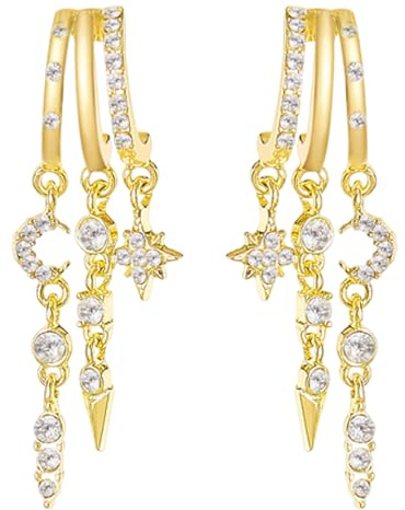 14K Gold Plated Women's Earrings, Star Moon Dangle Huggie Hoop Earrings, RARITYLL Hypoallergenic Fashion Jewelry for Women, Trendy Triple Chain Drop Earrings for Ears, Gift for Daily Wear