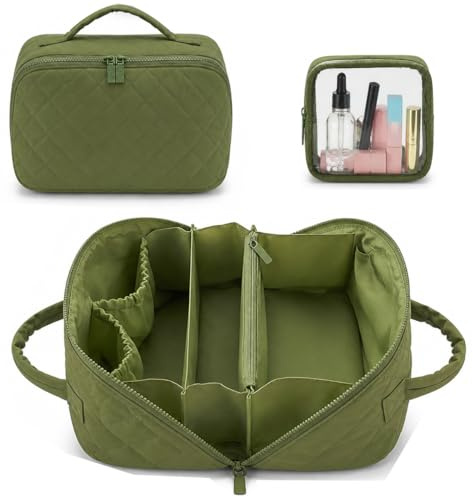 Generic 2PCS Makeup Bag with Compartments, Lay Flat Makeup Bag, Large Capacity Case Open Flatlay Travel Bags