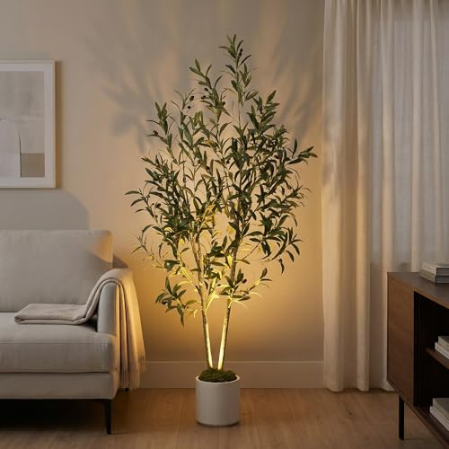 5ft Artificial Olive Tree with LED Light & White Pot - Fake Indoor Plant