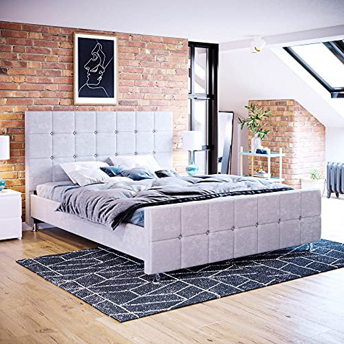 Vida Designs Valentina King Size Bed, 5 Ft Bed Frame Upholstered Fabric Headboard Bedroom Furniture, Light Grey Velvet (UKFR Certified)