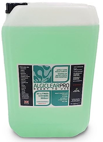 Algiclear Pro Ready to Use - Green Algae, Liverwort & Mould Remover for Large Outdoor Spaces – Cleans & Brightens Fences, Roof Tiles, Solar Panels, Concrete, Tarmac & Bricks up to 300 m² - 25 Litres
