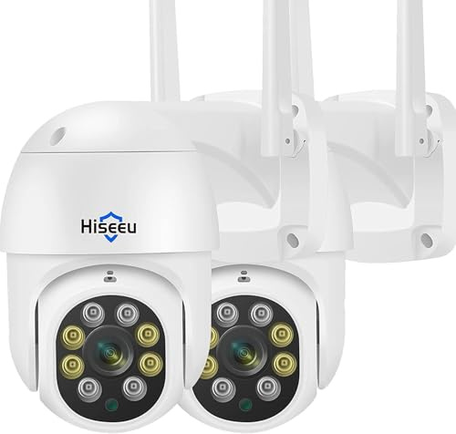 Hiseeu 【2 st i ett paket】 Säkerhetskamera utomhus med färg nattvision, 5 MP PTZ digital zoom wifi-säkerhetskamera 360° vy CCTV-kamera med 2-vägs ljud, bilkryssning, fjärråtkomst, IP66 vattentät