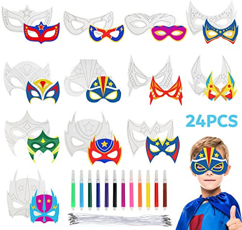 Superhelden Masken Kinder, 24 Stück DIY Blanko Masken Basteln Kindergeburtstag mit Aquarellstifte, Superhero Cosplay Papiermasken für Kinder Geburtstag Ostern Halloween Weihnachten Cosplay Party