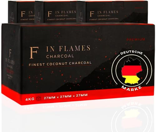 In Flames - Paquete de 4 kg – Carbón premium 27 briquetas de coco de alta calidad – con combustión extralarga – Cubo de carbón de 27 mm de calidad premium carbón natural poco cenizas