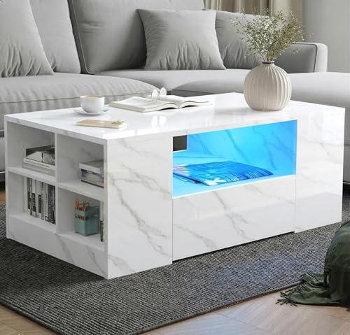 Blisswood High Gloss Coffee Table with Storage, Coffee Tables Wooden Centre Tea Table with Led RGB Lights 2 Drawer Storage and Open Shelf Rectangle Coffee End Table For Home Office Furniture
