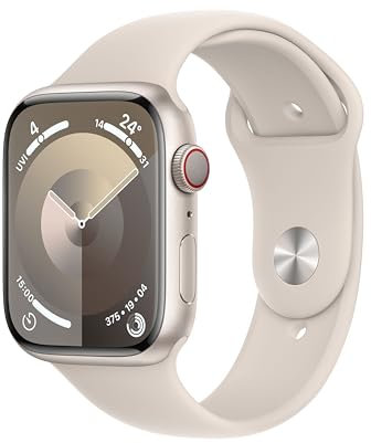Apple Watch Series 9 (GPS + Cellular, 45 mm) Smartwatch mit Aluminiumgehäuse und Sportarmband S/M in Polarstern. Fitnesstracker, Blutsauerstoff und EKG Apps, Always-On Retina Display, Wasserschutz