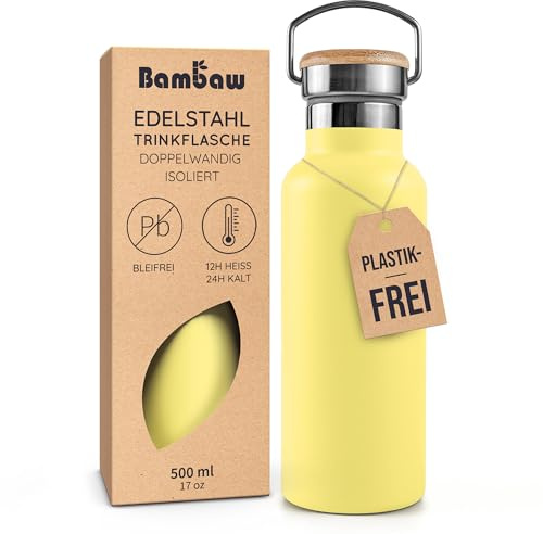 Bambaw Edelstahl Trinkflasche Isoliert 500ml, Thermosflasche 500ml aus Metall, Mit Breiter Öffnung, Passt in Cupholder, Leicht zu Tragen, Ideal für Reisen, Wiederverwendbar (Sonnengelb)