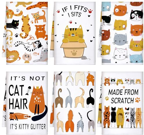 TecUnite 6 Pcs Cat Kitchen Towels Set Funny Cat Tea Towels Cute Dish Towel Decorative Hand Towel Cats Lover Gifts for Cleaning Drying Wiping Tasks Cats Owners Women Mom Housewarming Gifts Decor