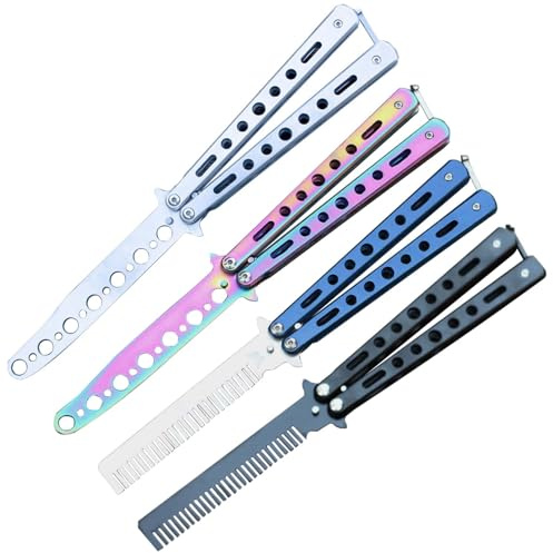 4 Stück Butterfly Trainer, Butterfly Messer zum Üben Ungeschärfte Klinge Übungs Kamm Edelstahl für Trainingsmesser Anfänger Flipping Tricks üBt, Butterfly Trainer Set (Schwarz + Blau + Weiß + Farbe)