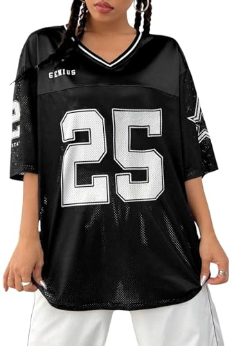 Verdusa Jersey Shirts for Women Y2K Graphic Tees Streetwear Oversized Tshirts V Neck Football Jersey Black and White Small