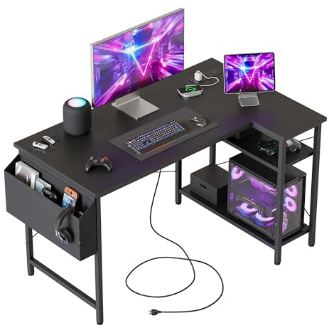 Mericonia Small L Shaped Desk with Power Outlets,100 cm L Computer Corner Desks with Reversible Shelves, Gaming Desk, Study Writing Table for Home Office, Black