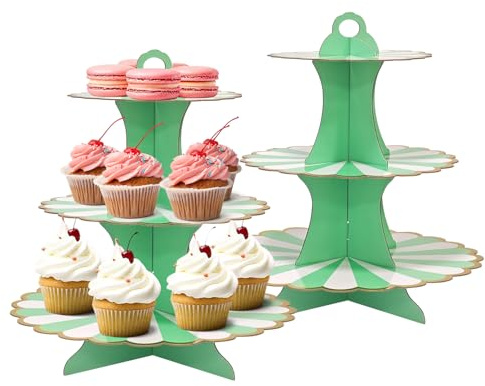 Lot de 2 présentoirs à gâteaux en carton à 3 étages - Tour à dessert - Présentoir à muffins pour mariage, anniversaire, fête - Présentoir à gâteaux pour petits pains, plateau à fromage, cupcakes (vert