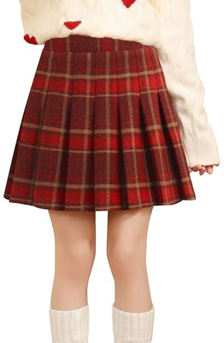 NEAWEALY Jupe à carreaux pour fille - Automne - En tweed - Chaude - Jupe plissée - Avec pantalon intérieur - Taille haute - Mini jupe uniforme scolaire - Jupe d'automne, rouge, 11-12 ans
