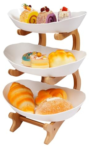 3 Tier Fruit Holder For Kitchen Countertop 3 Tier Fruit Bowl With Bamboo Stand Multi Layer Fruit Bowl Plastic Serving Tray For Food Medium Capacity Snack Cake Storage Rack In Party 22.5*14*32cm