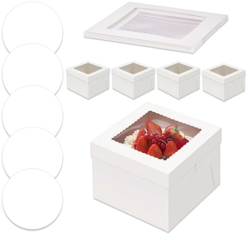 5 Pièces Blanc Boite Transport Gateau avec FenêTre, 25,4×25,4×20,3 cm Boite a Gateau Carton, Boîtes à Gâteau avec Planche à Gâteau pour Transporter et Conserver des Biscuits, Cupcakes, Muffins