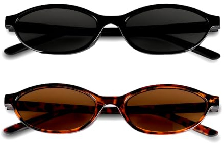 BUTBU 2PC lunettes de soleil vintage, Surlunettes de Soleil vintage style, Lunettes de soleil ovales rétro, Vintange Narrow Skinny Trendy 90S pour enterrement de vie de jeune fille, fête de mariage