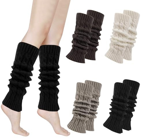 Lot de 4 Jambières Tricotées pour Femme et Fille,Guêtres Longues en Laine Tricotée pour Danse,Tricotées Guêtres de Jambe Leg Warmer,Jambières Longues en Crochet,Pour le Ballet、la Danse、le Sport