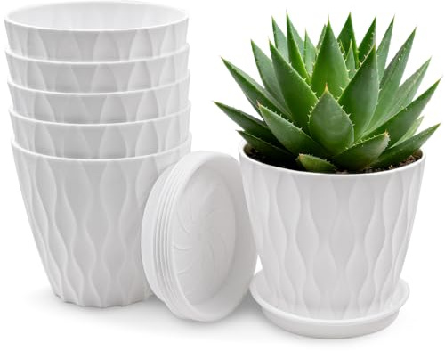 JJYHEHOT Lot de 6 Pot de Fleur, Pots de Plantes en Plastique Petits Plantpot avec Soucoupe et Trous de Drainage pour Jardins, Balcon Extérieurs Intérieurs (Blanc)
