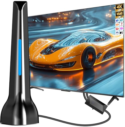 Antena TV Interior Potente con Amplificador, Recepción de Largo Alcance de más de 260+ Millas Antena TV Portatil de Alta Ganancia, Admite Canales Locales gratuitos 4K 1080P DTMB DVB-T2 DVB-T VHF UHF