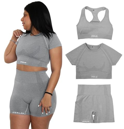 JPERLAB | Conjuntos Deportivos Mujer de 3 Piezas - Conjunto Gym Mujer Elástico y Transpirable - Pantalones Elásticos, Top y Sujetador para Entrenar (Gris, M)