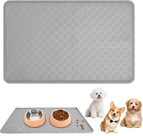 Tappetino in silicone per cani, 48 x 30 cm, antiscivolo, con bordo rialzato e pettine per la cura, impermeabile, per ciotola per cani e ciotola per gatti, facile da pulire e pieghevole