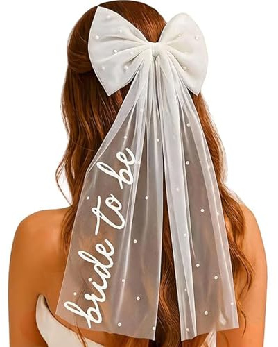 Techchii Bride Veil, Bow Bride To Be Veil Hen Party Headpiece Accessories | Short White with Pearls Wedding Bridal Bridesmaid Gift for Women and Girls