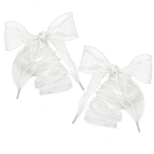 2 par skosnören i organza, 4 cm breda skira band för sneakers, platta genomskinliga skosnören med rullad kant, vit