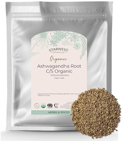 Starwest Botanicals Organic Ashwagandha Root - Dried Herb for Tea & Herbal Blends, Cut & Sifted, Certified Kosher, Non-GMO - Bulk 1 lb Bag