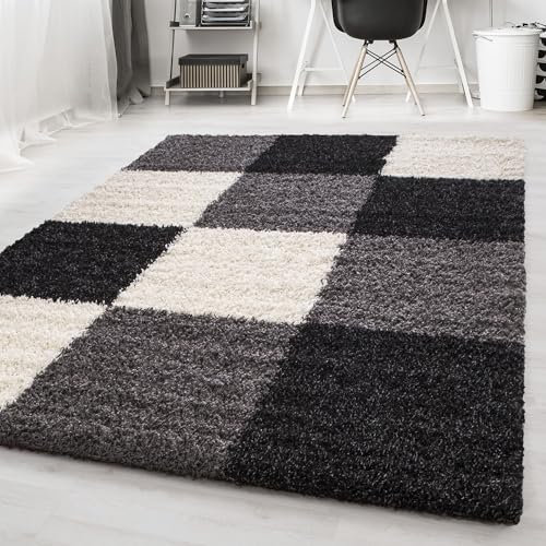 Carpetsale24 Hochflor Teppich Shaggy kariert 160x230 cm Schwarz, weich & flauschig, modernes Karo Muster, rechteckig, perfekt für Wohnzimmer, stilvolles Wohnaccessoire