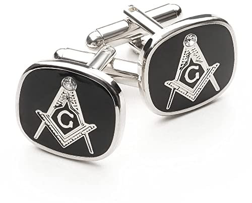The Masonic Collection Quadratische und Kompass mit G-Manschettenknöpfen für Herren, schwarz und versilbert, nur 2 mm dick, Lieferung in Manschettenknopf-Box/Samtbeutel, hochwertiges Geschenk für