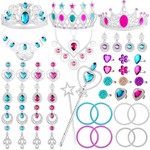 WATINC 46 Juego de accesorios de vestir de princesa para niñas Bisutería Juguetes Tiara Collar Pulsera Varita mágica Corona Anillo Pendientes para cosplay Favores de fiesta de Navidad
