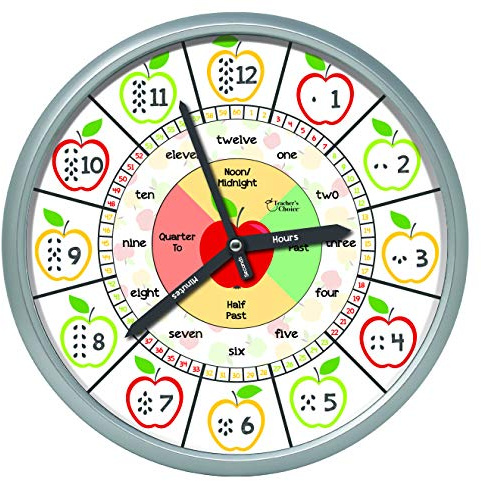 Educational Wall Clock - Silent Movement Time Teaching Clock for Teacher's Classrooms and Kid's Bedrooms (Silver/Multicolor Apple)