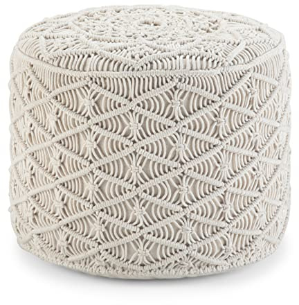 SIMPLIHOME Coates Round Pouf - 18 inch Wide Handwoven Cotton Macrame Ottoman in Natural, Boho Footstool, Decorative Pouf or Extra Seating for Living Room, Bedroom, or Kids Room, Assembled
