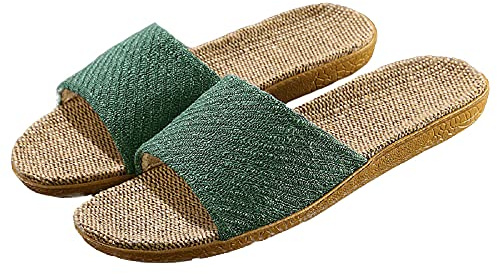 HANDKEI Pantoufles en lin unisexes à la mode pantoufles d'intérieur antidérapantes à bout ouvert chaussures de plage en plein air sandales (vert, numeric_37)