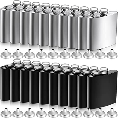 20 Pieces 6 oz Stainless Steel Flask with Funnel Hip Flask for Liquor Leak Proof Camping Drinking Pocket Flasks Black and Silver Flask Set for Men Groomsmen Bridal Women Wedding Party Supplies