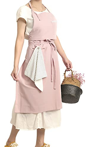 Tobyan Soft Cotton Linen Apron - Retro Linen Art Apron, Adjustable Casual Apron with Towel, Great for Florist, Coffee House and Kitchen (Pink)