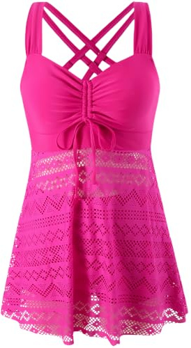 Ocean Plus Elagant Tankini topp spets rygglös tvådelad baddräkt för bantning i enfärgad med bröstvaddering utan stålstöd, lila rosa, XXL