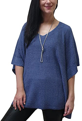 Mimosa damer en storlek stickad varm överdimensionerad V-ringad poncho cape med sidoknappar, denim, one size