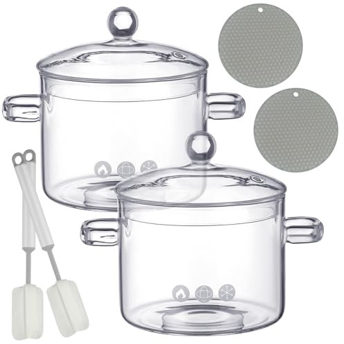 Tioncy 2 Pcs Clear Glass Pots for Cooking on Stove 1.3 L 44 oz Glass Saucepan with Lid Handle Simmer Pot Handmade Cookware Borosilicate Cooking Pot with Brushes and Silicone Mats(Modern)