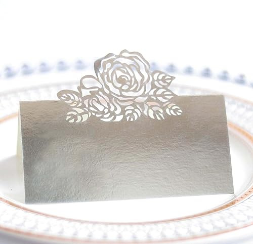 Bordskort, platskort 50 stycken tomma namnkort 3D ros blommor mönster namnskyltar namnkort ihåliga sittnummerkort för bröllop, fest dekoration bankett dop förlovnings-silver