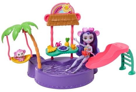 Enchantimals-Puppe und Zubehör, Affen-Swimmingpool-Spielset, Puppe und beste Tierfreund-Figur, Rutsche, Schaukel und vieles mehr, Geschenke für Kinder, HTW73