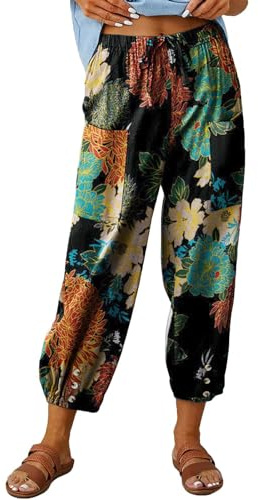 ABYOVRT Pantalon 7/8 Femme Été Imprimé Bohème Lin Ample Longueur Pants Cordon pour Décontracté à Jambes Léger en avec Poches Pantalon De Plage,S-XXL