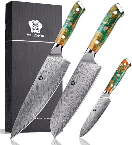 WILDMOK cuchillos de cocina de Damasco, juego de cuchillos de chef, cuchillos de cocina de hoja forjada de acero de acero afilado con mango de resina ergonómica
