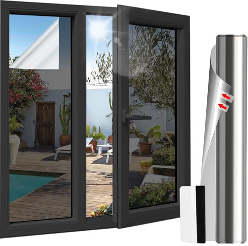 Antrect Pellicola a specchio autoadesiva per finestra anti sguardo, 100 x 400 cm, pellicola vetro specchio senza stagno, anti calore, anti UV, protezione della privacy