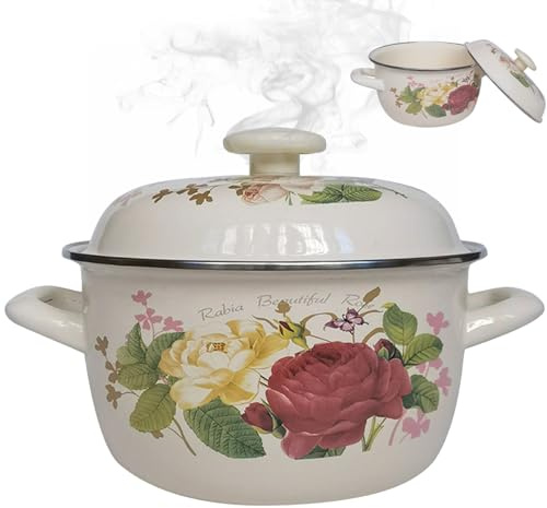 Enamel Pot 12x6 Inch Non- Stick Enamel Stock Pot with Lid and Handles Retro Flower Soup Pot Thicken Enamel Cookware for Home Kitchen Pasta Milk Soup S