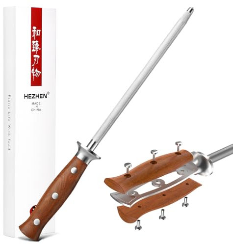 HEZHEN Acciarini Affilacoltelli in Acciaio ad Alto Tenore di Carbonio, Acciaino con Rivestimento Professionale con Manico in Legno，Barra di Affilatura per Coltelli