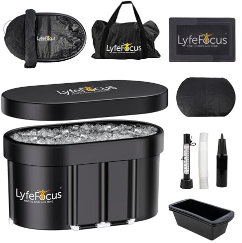 LyfeFocus Cold Therapy Pod – Premium Recovery Ice Bath Tub with Thermometer, Foot Mat, Protection Lid, Groundsheet, Reusable Ice Blocks and Set Up Accessories (Black Base, Black Top, Large 100cm)