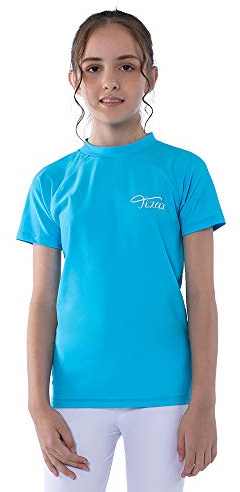 TIZAX Girls Rash Vest Kids Short Sleeve Swimming Shirt Blue 13-14 Years