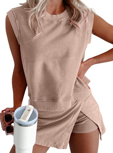 KevaMolly Conjunto de dos piezas de verano para mujer, de algodón lavado mineral, camiseta sin mangas, con falda atlética dividida